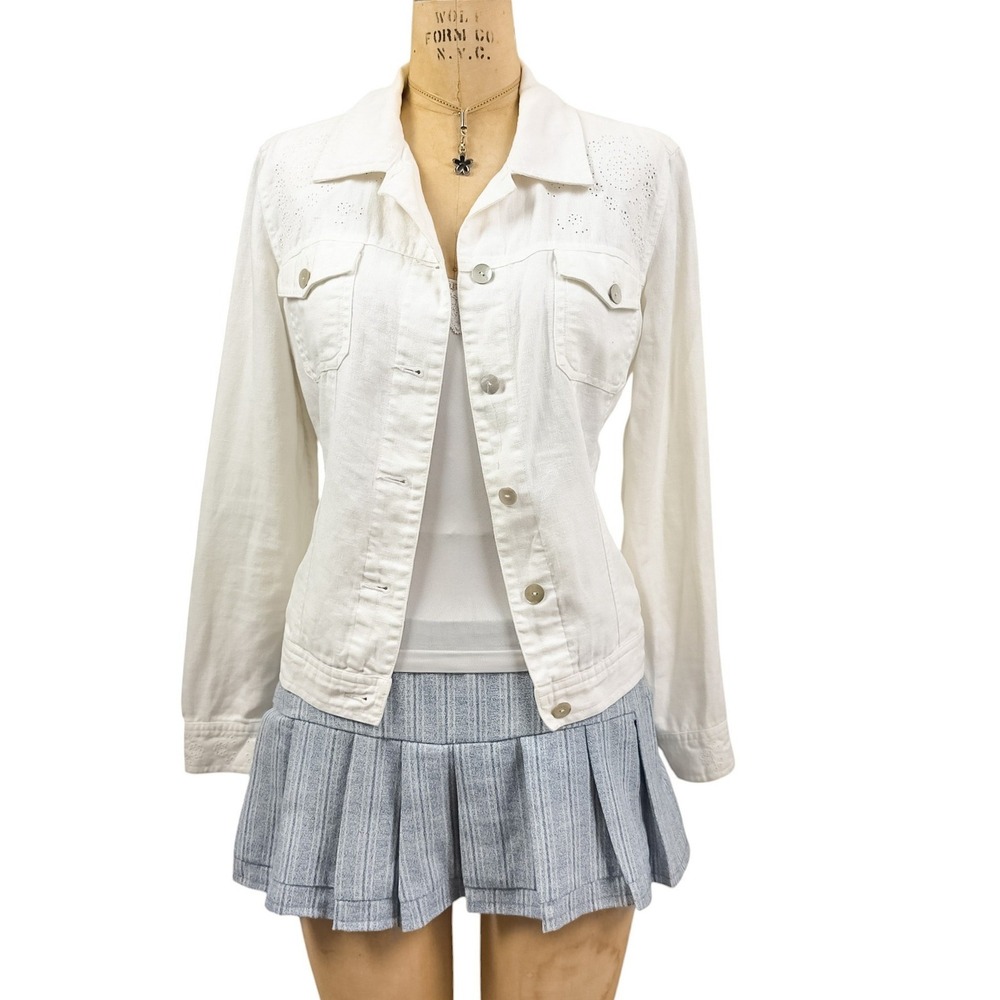 Coastal Charter Club Eyelet Linen Trucker Jacket White Denim Minimalist Size M